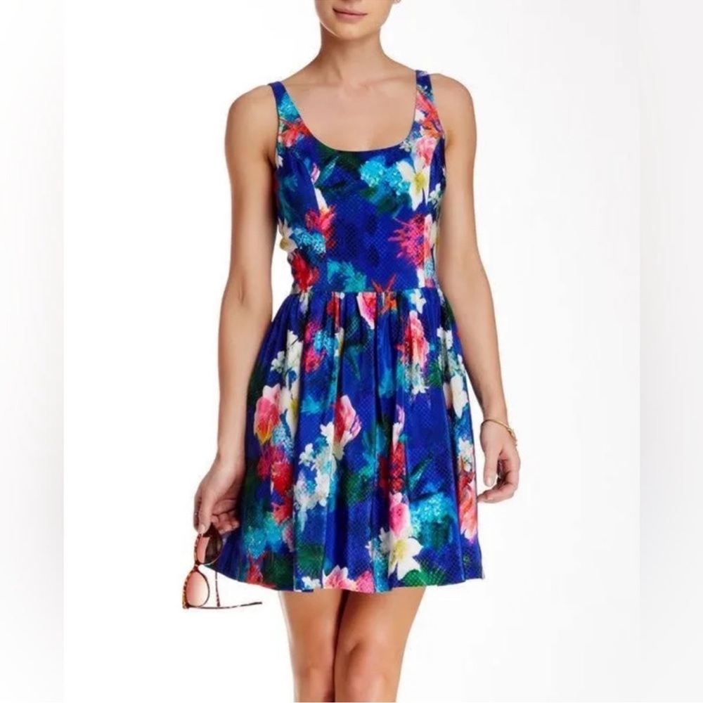 Amanda Uprichard ASO Cafe Island Blue Floral Silk Fit & Flare Dress Size P (XS)